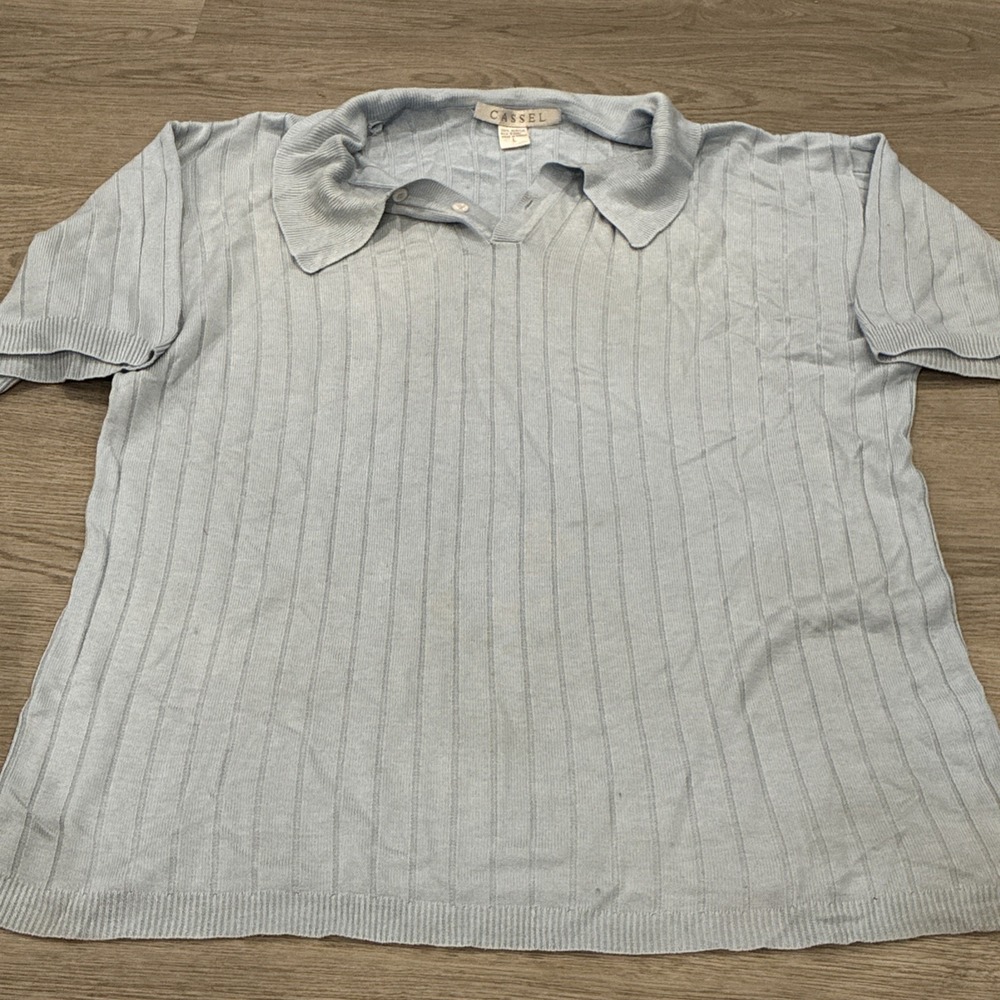Cassel Light Blue Short Sleeve Collared Ribbed Dress Sweater Shirt Men's Sz L